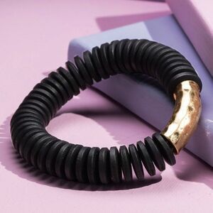 NWT Wooden Beaded with Hammered Gold Bar Cuff Bangle Bracelet Fashion Jewelry